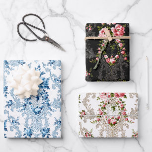 ロエレガントココフランスのフローラ – 白、黒、青 ラッピングペーパーシート
