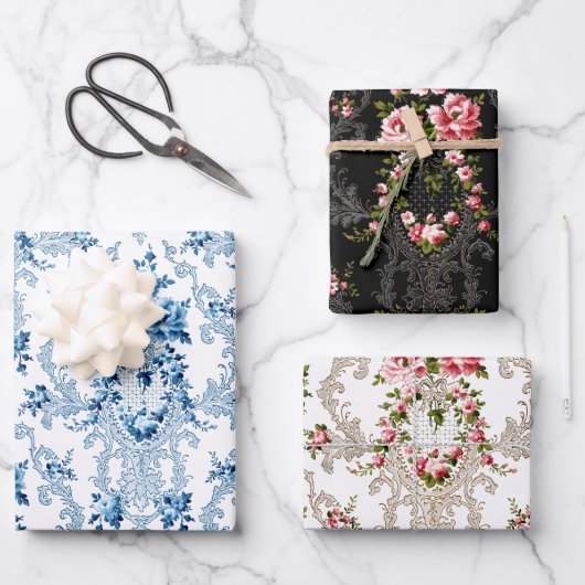 ロエレガントココフランスのフローラ – 白、黒、青 ラッピングペーパーシート (正面)