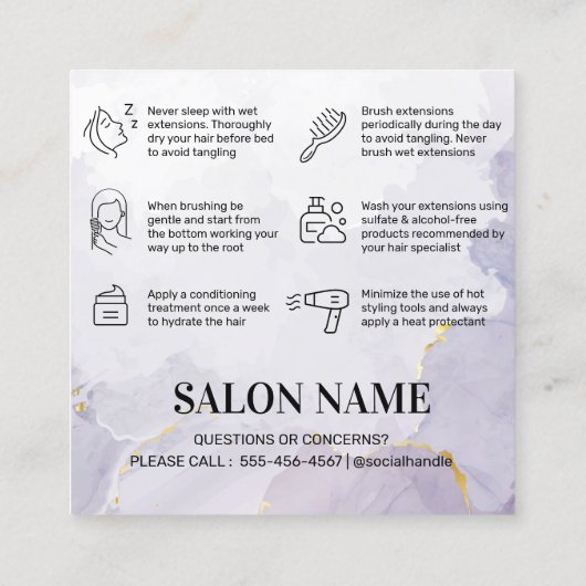 ロカスタムゴ紫色の金ゴールドヘアアフターケアカード スクエア名刺 (裏面)