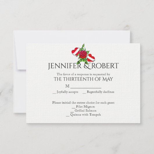 ロカビリーのハートおよびばら色の結婚式の応答カード 出欠カード (正面)