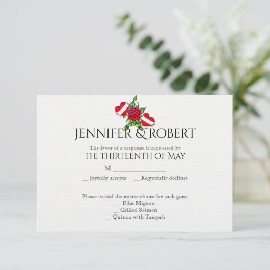 ロカビリーのハートおよびばら色の結婚式の応答カード 出欠カード (スタンド正面)