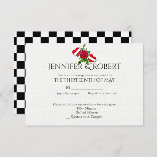 ロカビリーのハートおよびばら色の結婚式の応答カード 出欠カード (正面/裏面)