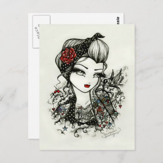 ロカビリーの入れ墨の女の子のスケッチのばら色の芸術の郵便はがき ポストカード (正面/裏面)
