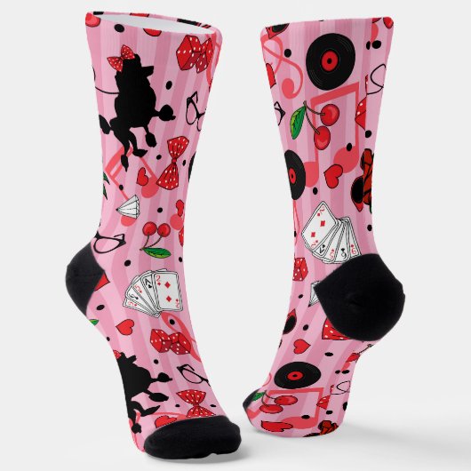 ロカビリーガーリースタイルプードルパターンピンク ソックス (傾斜あり)