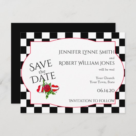 ロカビリーハートとバラ結婚式日付を保存 セーブザデート (正面/裏面)