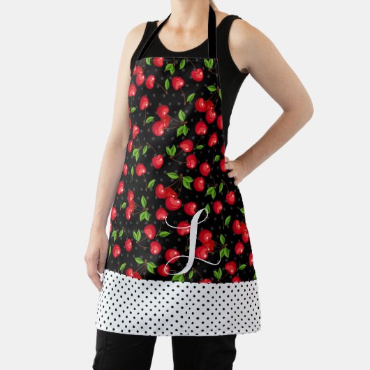 ロカビリー水玉模様さくらんぼブラックパーソナライズされた エプロン (インサイチュ)