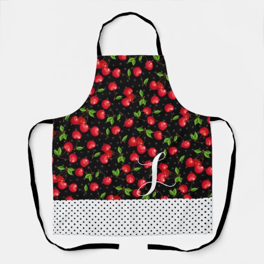 ロカビリー水玉模様さくらんぼブラックパーソナライズされた エプロン (正面)
