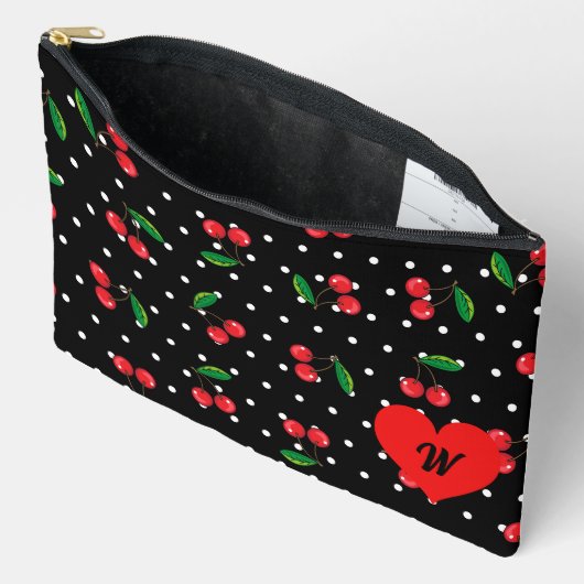 ロカビリー水玉模様とさくらんぼモノグラム アクセサリーポーチ (見開き)
