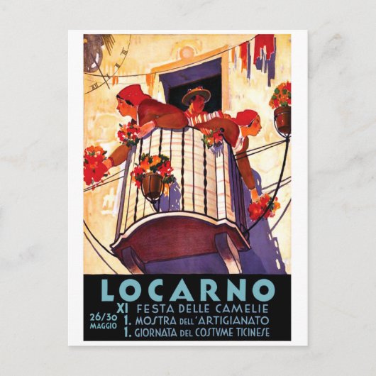 ロカルノ，スイス，テラスの女性，花 ポストカード (正面)