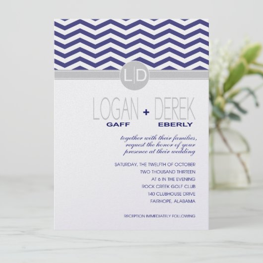 ロガンシェブロン |ネイビーグレーメタリックアイス紙 招待状 (スタンド正面)