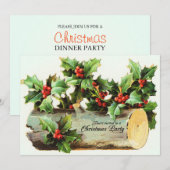 ログとホリーベリー-ビンテージクリスマスパーティーinv 招待状 (正面/裏面)