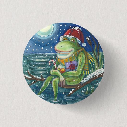 ログにカエルのクリスマスホリデーボタンラウンド 缶バッジ (正面)