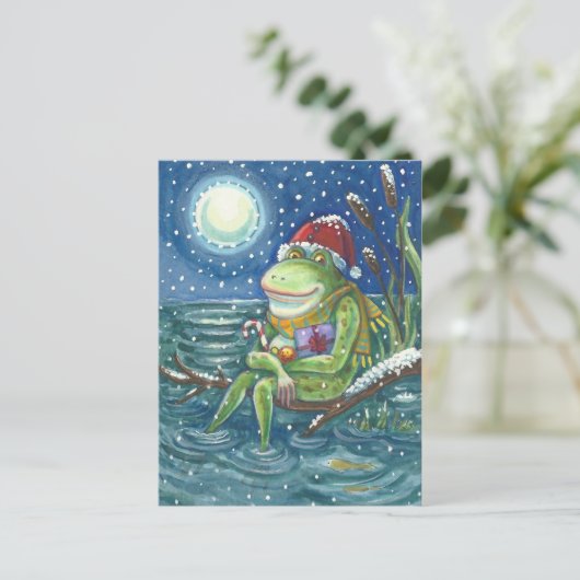 ログのカエルは、ハート、かわいいおもしろいクリスマスを暖める ポストカード (スタンド正面)