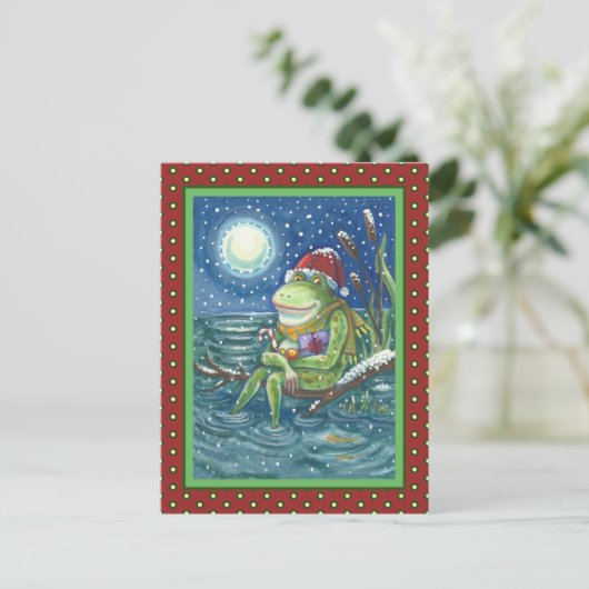 ログのカエルは、ハート、かわいいおもしろいクリスマスを暖める ポストカード (スタンド正面)