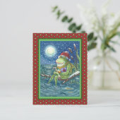 ログのカエルは、ハート、かわいいおもしろいクリスマスを暖める ポストカード (スタンド正面)