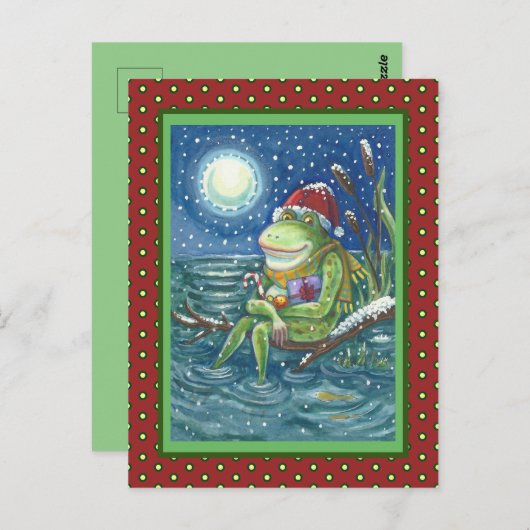 ログのカエルは、ハート、かわいいおもしろいクリスマスを暖める ポストカード (正面/裏面)