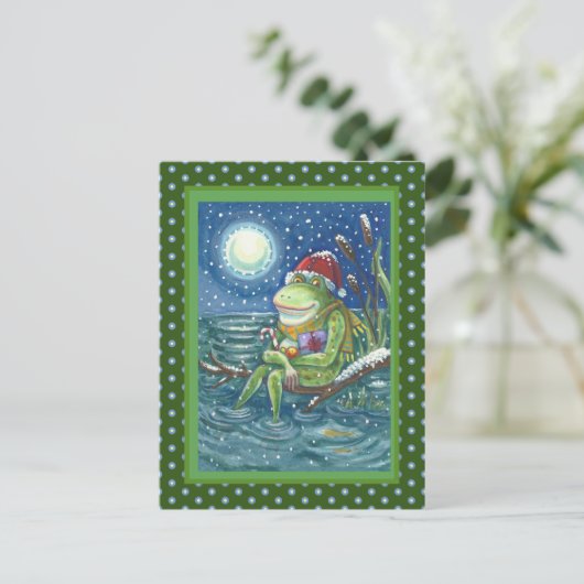 ログのカエルは、ハート、かわいいおもしろいクリスマスを暖める ポストカード (スタンド正面)