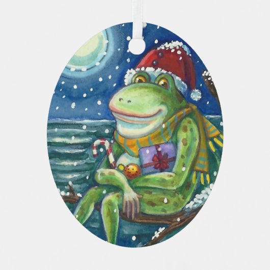 ログのカエルは、ハート、かわいいおもしろいクリスマスを暖める メタルオーナメント (正面)