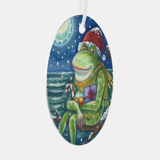 ログのカエルは、ハート、かわいいおもしろいクリスマスを暖める メタルオーナメント (正面右)