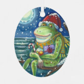ログのカエルは、ハート、かわいいおもしろいクリスマスを暖める メタルオーナメント (裏面)