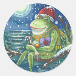ログのカエルは、ハート、かわいいおもしろいクリスマスを暖める ラウンドシール