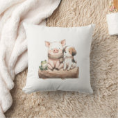 ログの上の豚、カエル&犬！かわいい動物の友だち子たち クッション (ブランケット)
