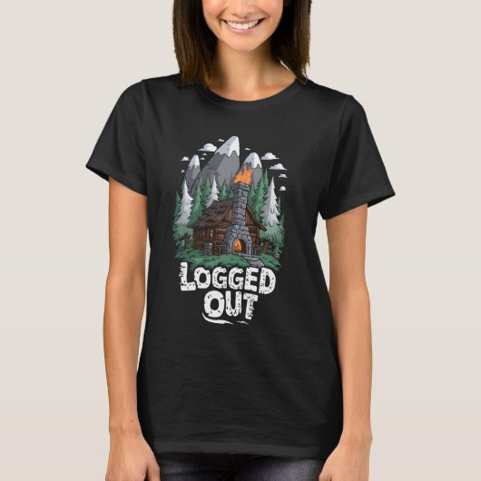 ログアウトおもしろいログキャビン生活山野外S Tシャツ (正面)