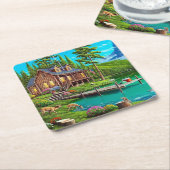 ログキャビンオンザウォーターファインアート スクエアペーパーコースター (アングル)