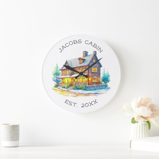 ログキャビンパーソナライズされたクリスマス ラージ壁時計 (ホーム)