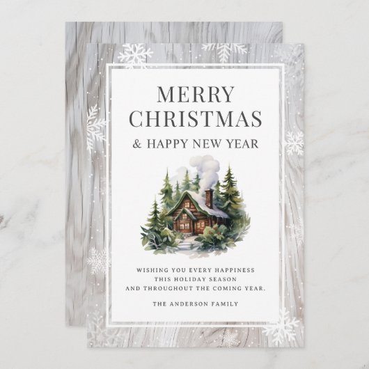ログキャビンメリークリスマススノーフレーク素朴ウッド シーズンカード (正面/裏面)
