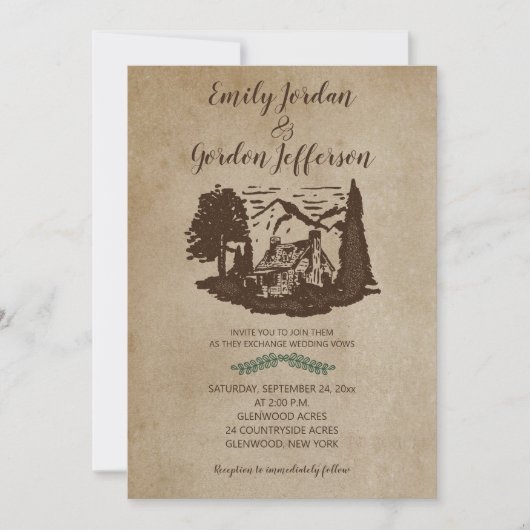 ログキャビン素朴アウトドア結婚ズロッジマウンテン 招待状 (正面)