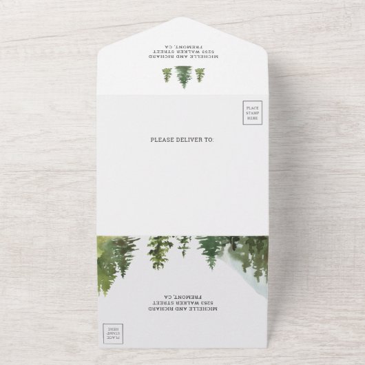 ログキャビン素朴マウンテンフォレストレイク結婚ズ オールインワン招待状 (外側)