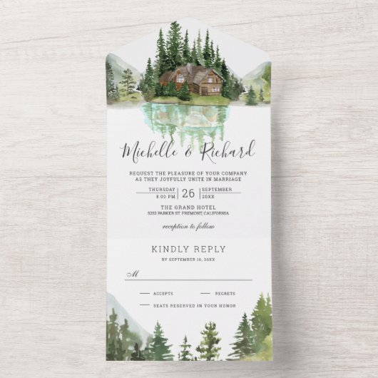 ログキャビン素朴マウンテンフォレストレイク結婚ズ オールインワン招待状 (内側)