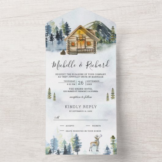 ログキャビン素朴ロッジマウンテンフォレストフォグズ結婚ーズ オールインワン招待状 (内側)