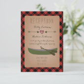 ログジャケットのチェック柄のカヌーと矢印の結婚式の受付 エンクロージャーカード (スタンド正面)