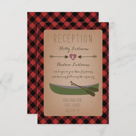ログジャケットのチェック柄のカヌーと矢印の結婚式の披露宴 エンクロージャーカード (正面/裏面)