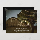 ログハウスと木のイルミネーションのウェディング・セーブ・ザ・デート 案内ポストカード (正面/裏面)