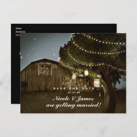 ログハウスと木のイルミネーションのウェディング・セーブ・ザ・デート 案内ポストカード (正面/裏面)