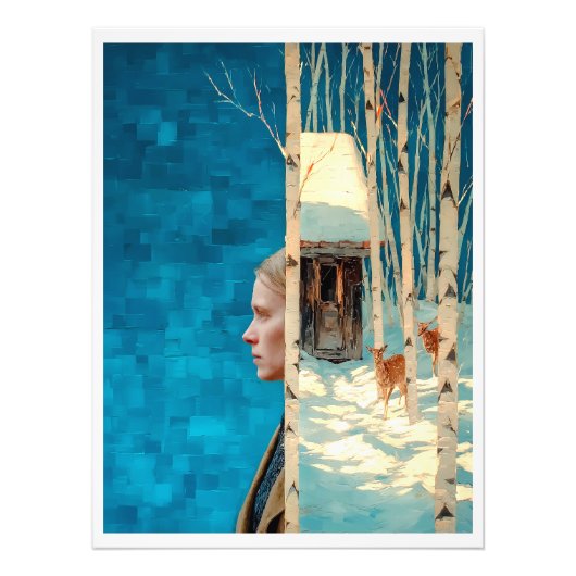 ログハウスのそばの雪の白樺林に立つ女性と鹿 フォトプリント (正面)