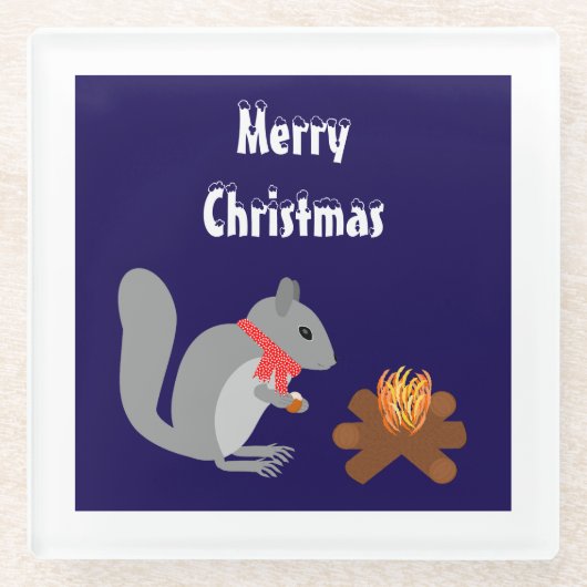 ログファイアでヘーゼルナッツを焙煎するクリスマスリス ガラスコースター (正面)