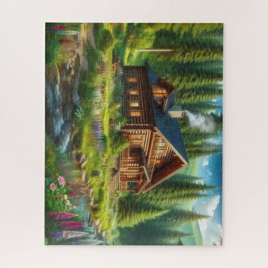 ログ小屋、森の小川と花 ジグソーパズル (縦)