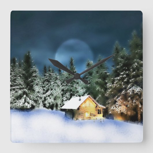 ログ素朴キャビン満月 スクエア壁時計 (正面)