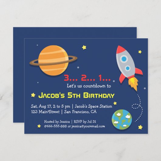 ロケットから宇宙へのパーティー、子供の誕生日 招待状 (正面/裏面)