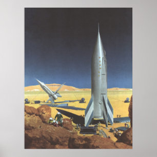 ロケットが付いているヴィンテージの空想科学小説の砂漠の惑星 ポスター