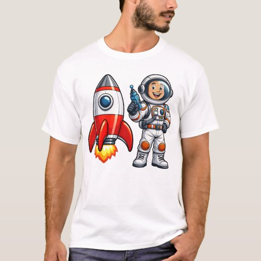 ロケットと宇宙飛行士のカートゥーン宇宙アート Tシャツ (正面)