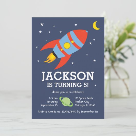 ロケットと月の宇宙をテーマにした誕生日 招待状 (スタンド正面)