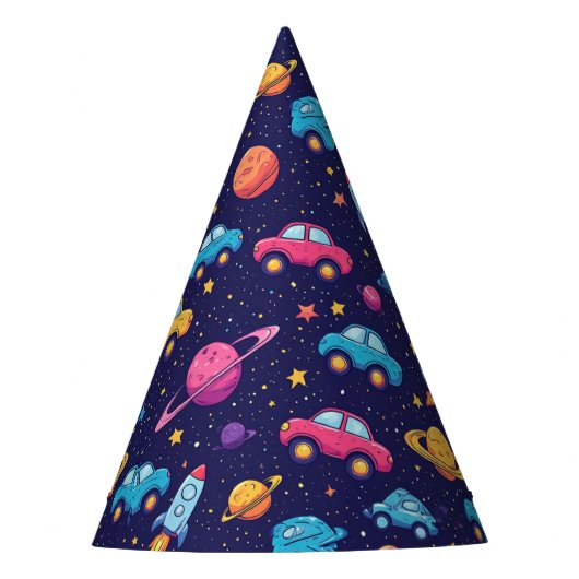 ロケットと車の子供用スペースジャーニー パーティーハット (正面)