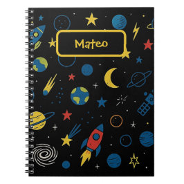 ロケットと銀河の落書きが付いた宇宙をテーマにしたノートブック ノートブック