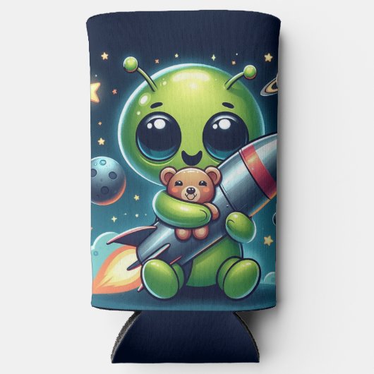ロケットに乗ったエイリアン スリム缶クーラー (正面)