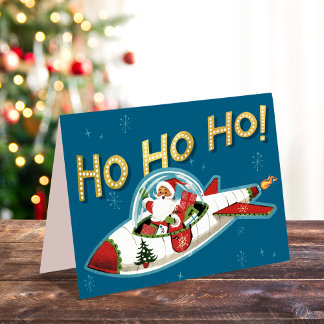 ロケットに乗ったレトロサンタ Ho Ho Ho ノンフォトクリスマス シーズンカード